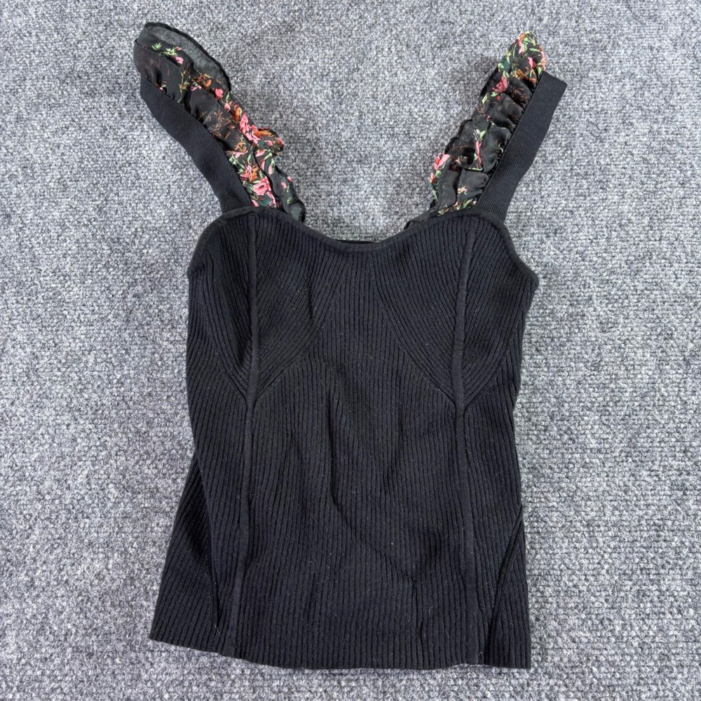 Maeve Tank Top Women Small Black Ribbed Knit Floral Ruffle Trim Anthropologie